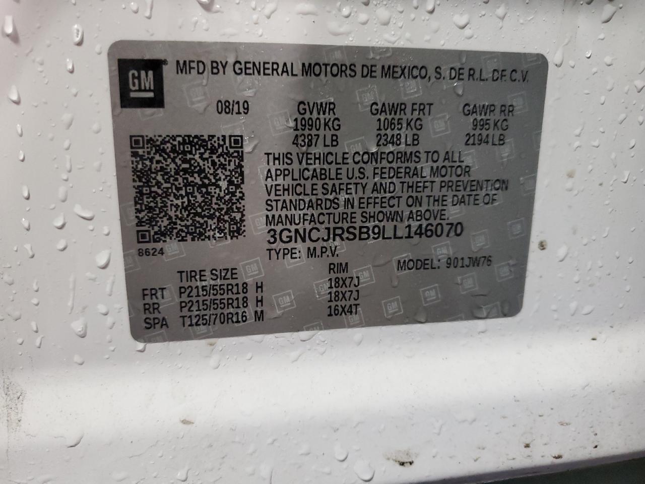 2020 Chevrolet Trax Premier VIN: 3GNCJRSB9LL146070 Lot: 89534985