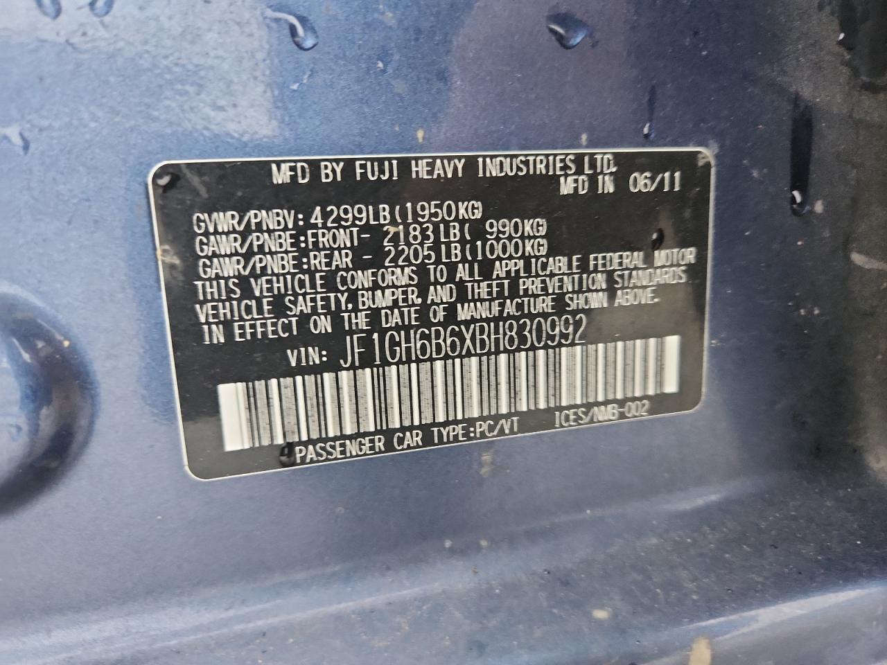 2011 Subaru Impreza 2.5I Premium VIN: JF1GH6B6XBH830992 Lot: 85549485