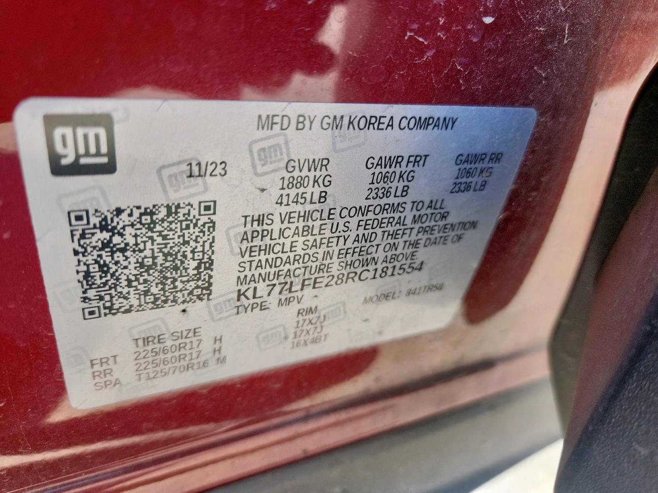 2024 Chevrolet Trax Ls VIN: KL77LFE28RC181554 Lot: 85891235