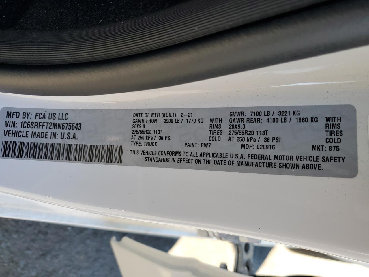 2021 Ram 1500 Big Horn/Lone Star VIN: 1C6SRFFT2MN675643 Lot: 87017335