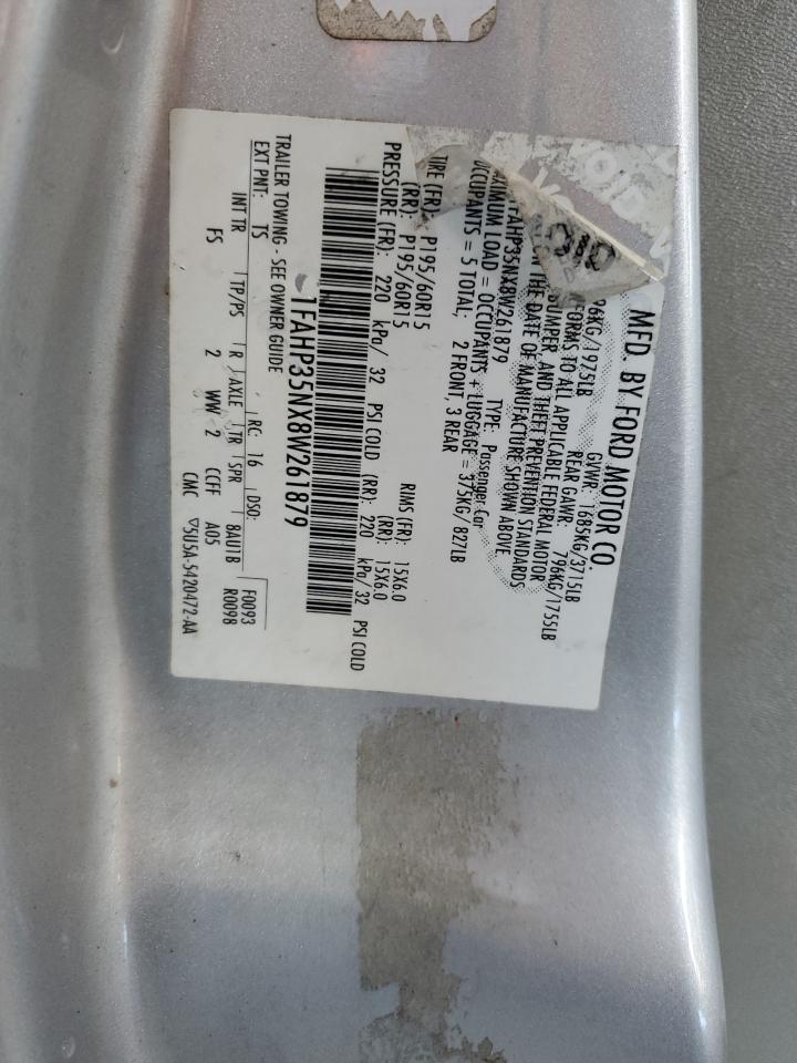 2008 Ford Focus Se VIN: 1FAHP35NX8W261879 Lot: 85880755