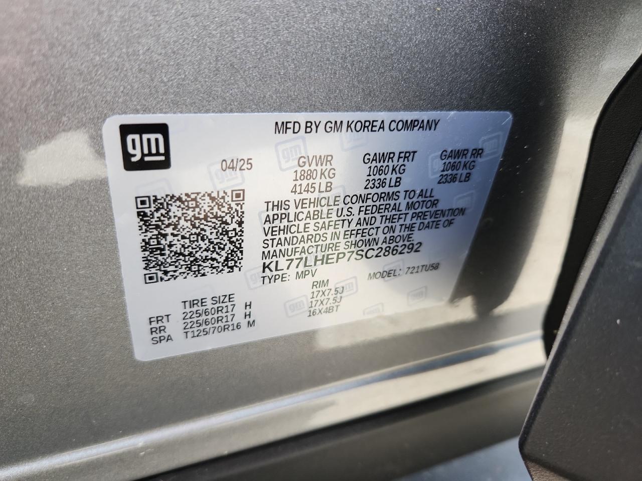 2025 Chevrolet Trax 1Lt VIN: KL77LHEP7SC286292 Lot: 82199365