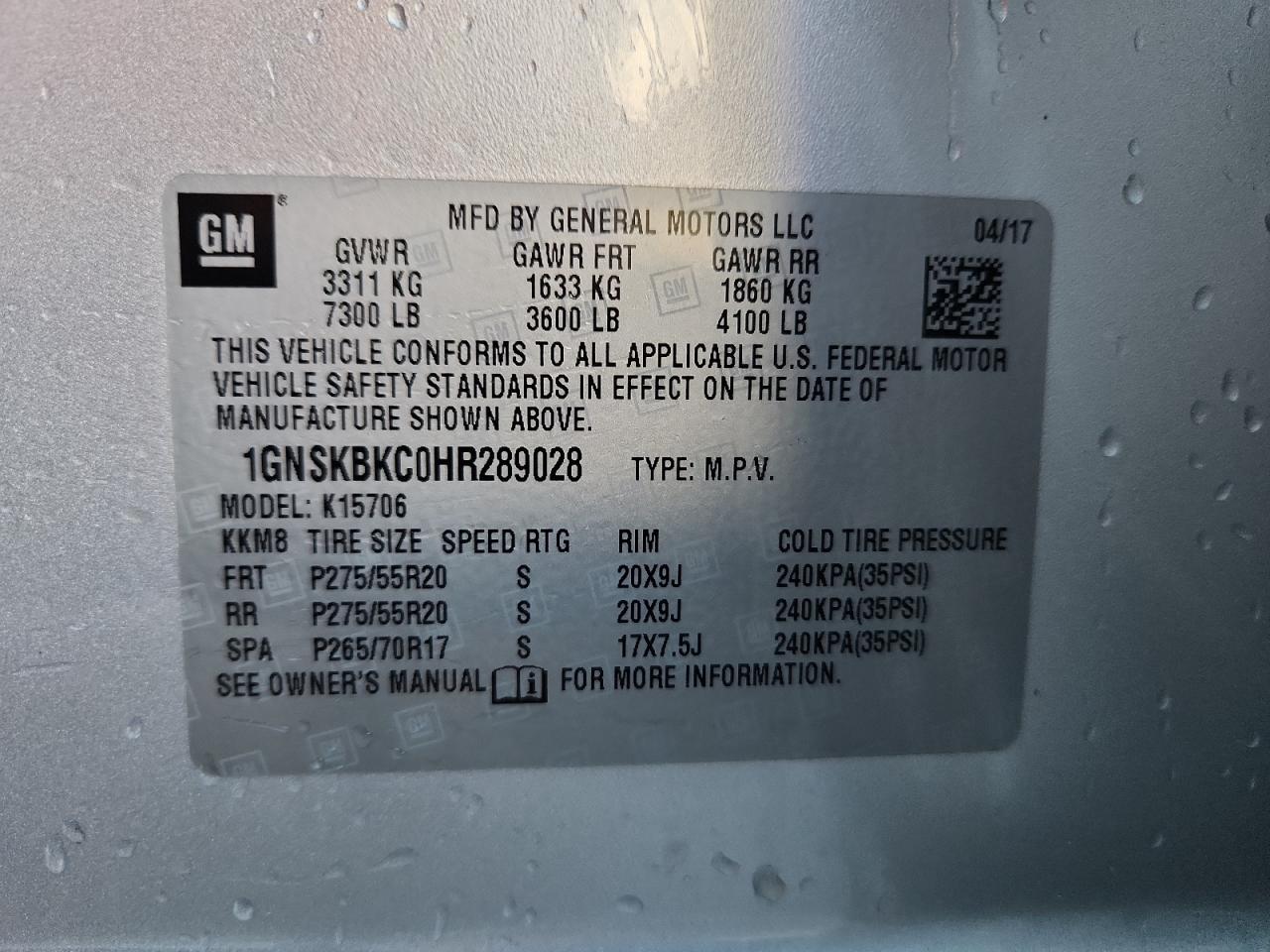 2017 Chevrolet Tahoe K1500 Lt VIN: 1GNSKBKC0HR289028 Lot: 87072865