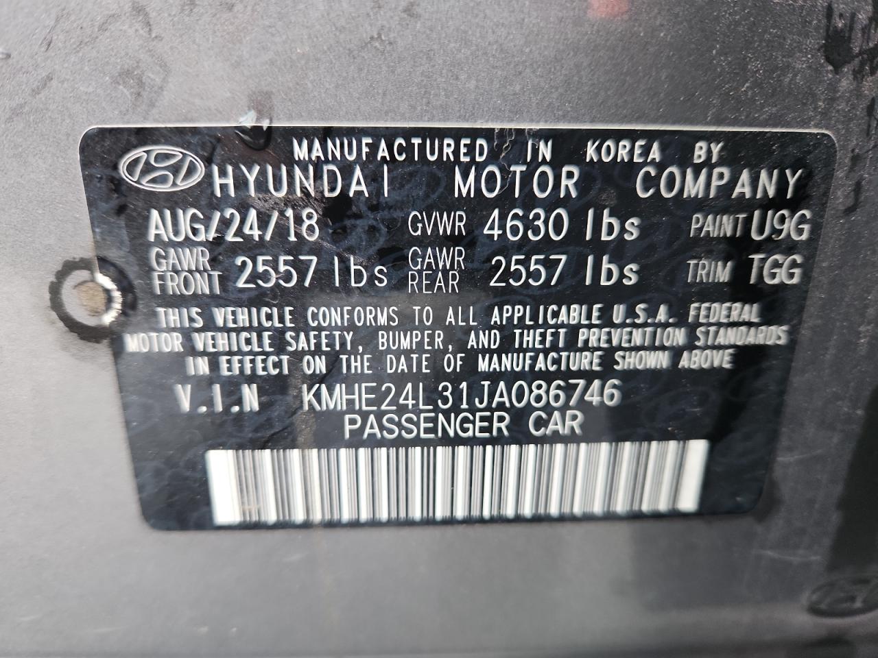 2018 Hyundai Sonata Hybrid VIN: KMHE24L31JA086746 Lot: 85330165