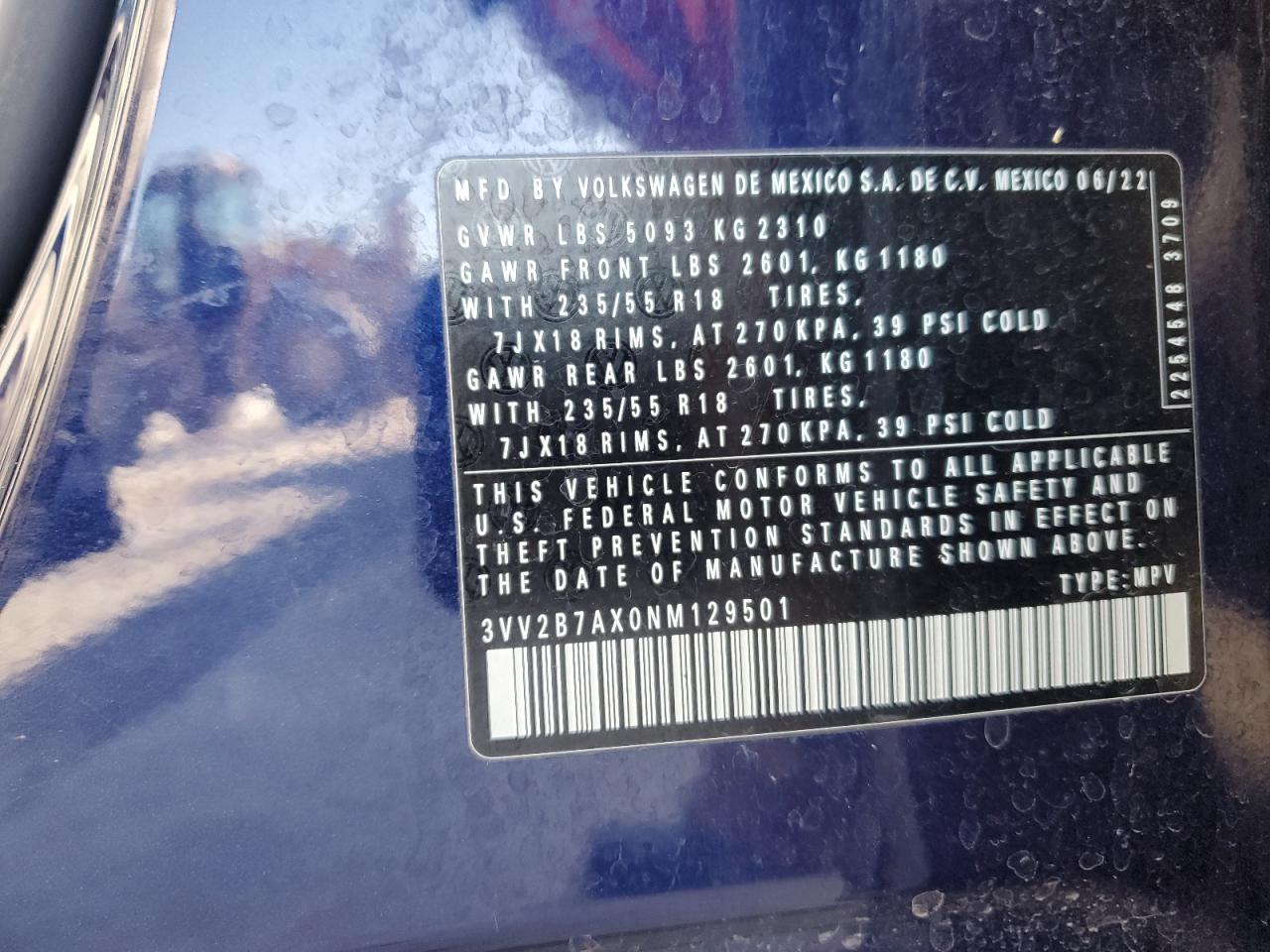 2022 Volkswagen Tiguan Se VIN: 3VV2B7AX0NM129501 Lot: 85711315