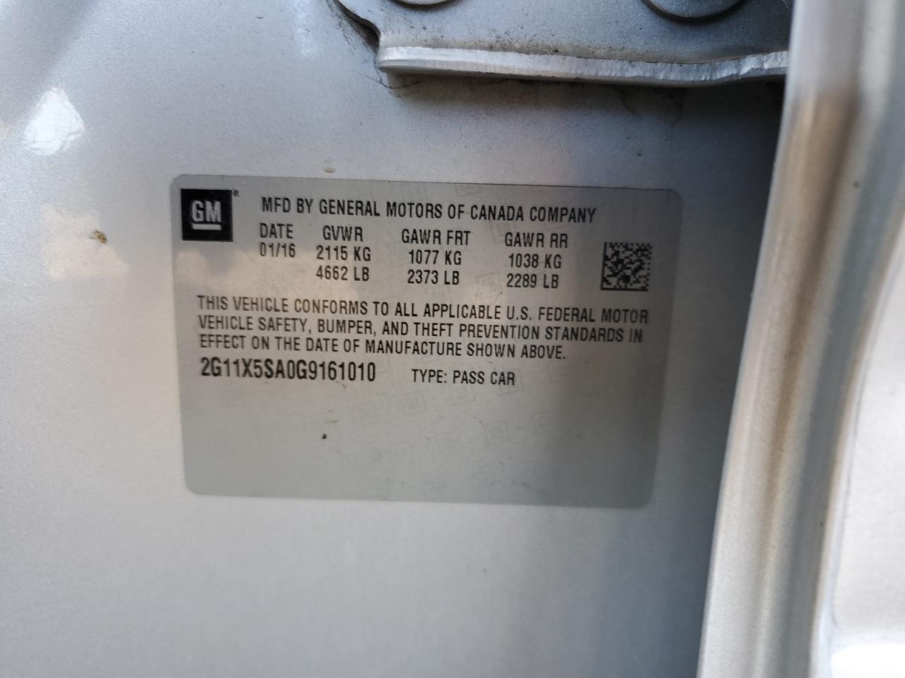 2016 Chevrolet Impala Ls VIN: 2G11X5SA0G9161010 Lot: 85493605