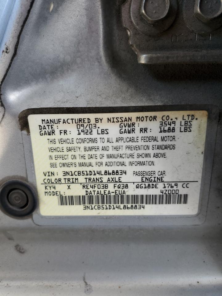 2004 Nissan Sentra 1.8 VIN: 3N1CB51D14L868834 Lot: 82298785