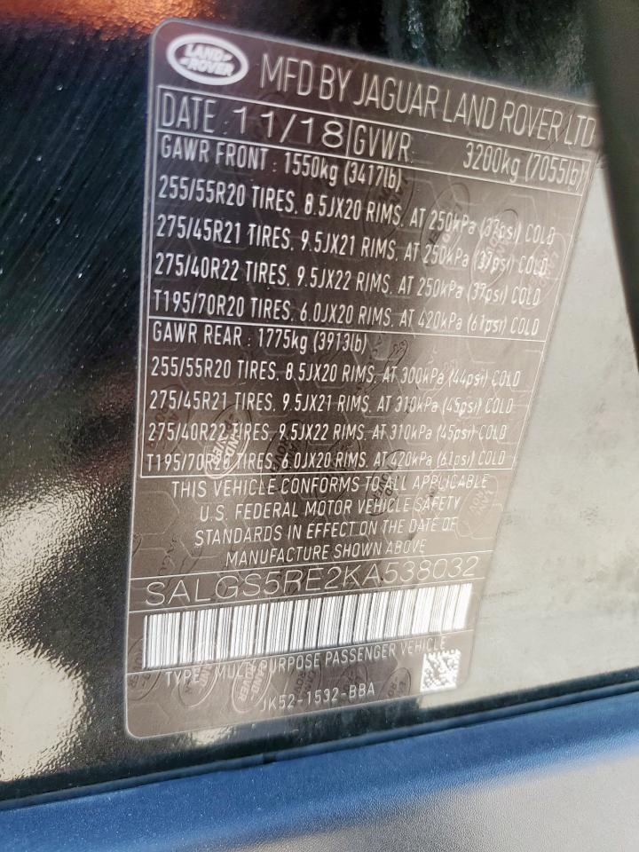 2019 Land Rover Range Rover Supercharged VIN: SALGS5RE2KA538032 Lot: 90925145