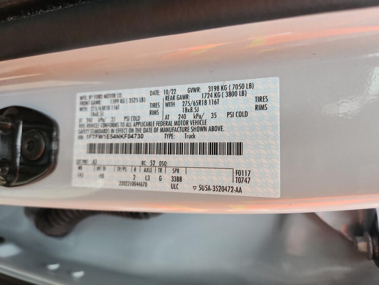 2022 Ford F150 Supercrew VIN: 1FTFW1E54NKF04730 Lot: 89916235
