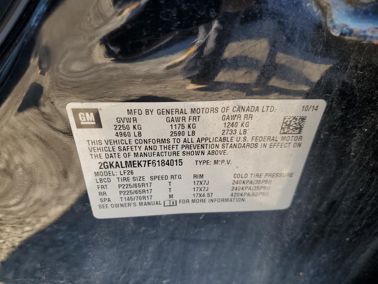 2015 GMC Terrain Sle VIN: 2GKALMEK7F6184015 Lot: 87044905