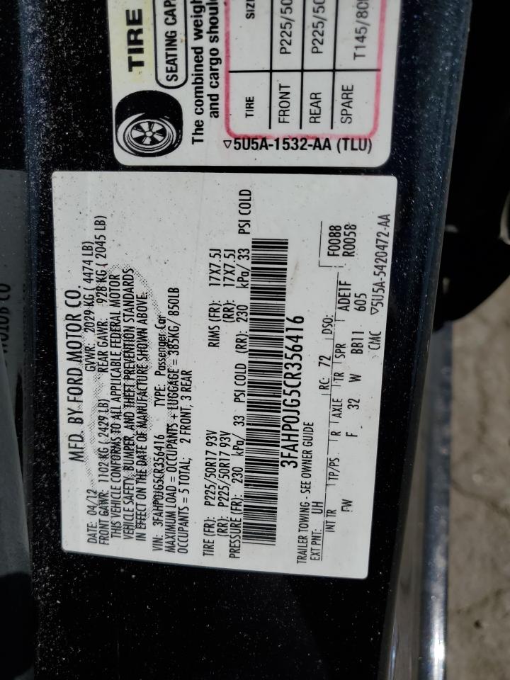 2012 Ford Fusion Sel VIN: 3FAHP0JG5CR356416 Lot: 81913525