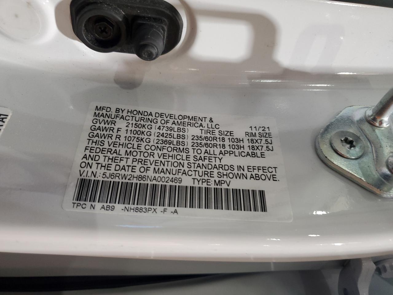 2022 Honda Cr-V Exl VIN: 5J6RW2H86NA002469 Lot: 84986175