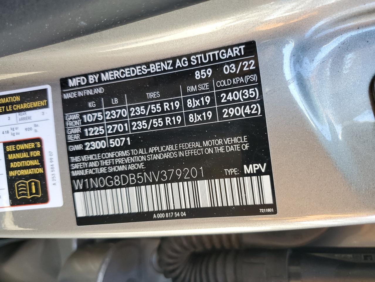 2022 Mercedes-Benz Glc 300 VIN: W1N0G8DB5NV379201 Lot: 87114795