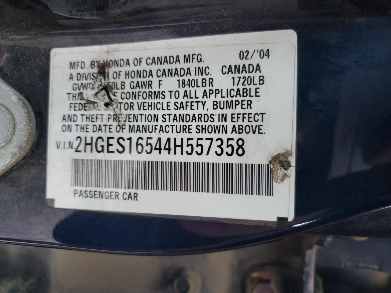 2004 Honda Civic Lx VIN: 2HGES16544H557358 Lot: 90042655