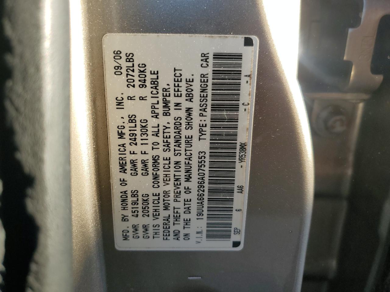 2006 Acura 3.2Tl VIN: 19UUA66296A075553 Lot: 82639495