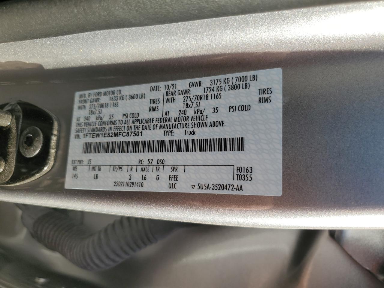 2021 Ford F150 Supercrew VIN: 1FTEW1E82MFC87501 Lot: 86863025