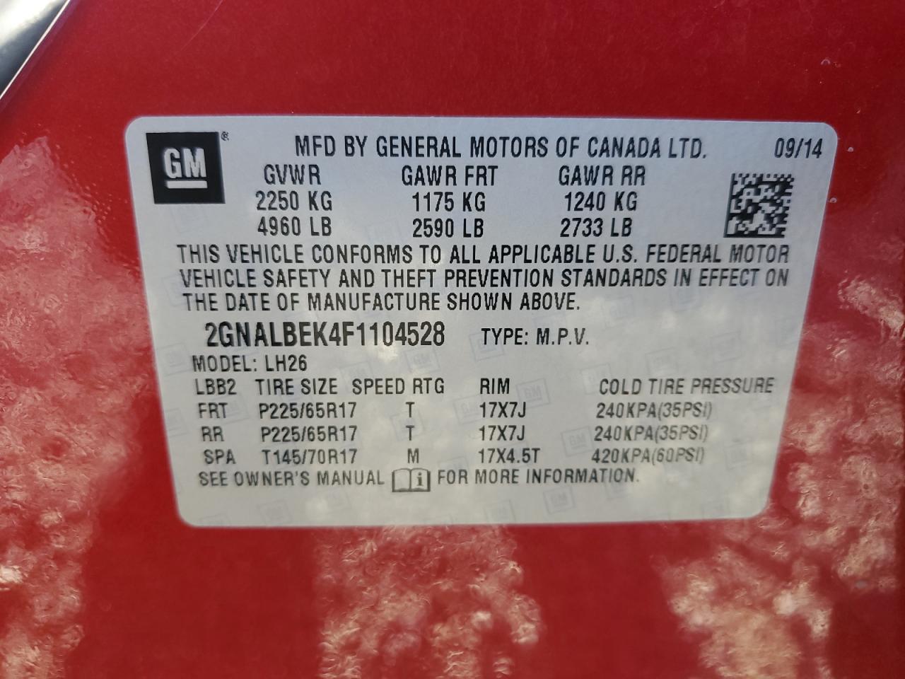 2015 Chevrolet Equinox Lt VIN: 2GNALBEK4F1104528 Lot: 82181915