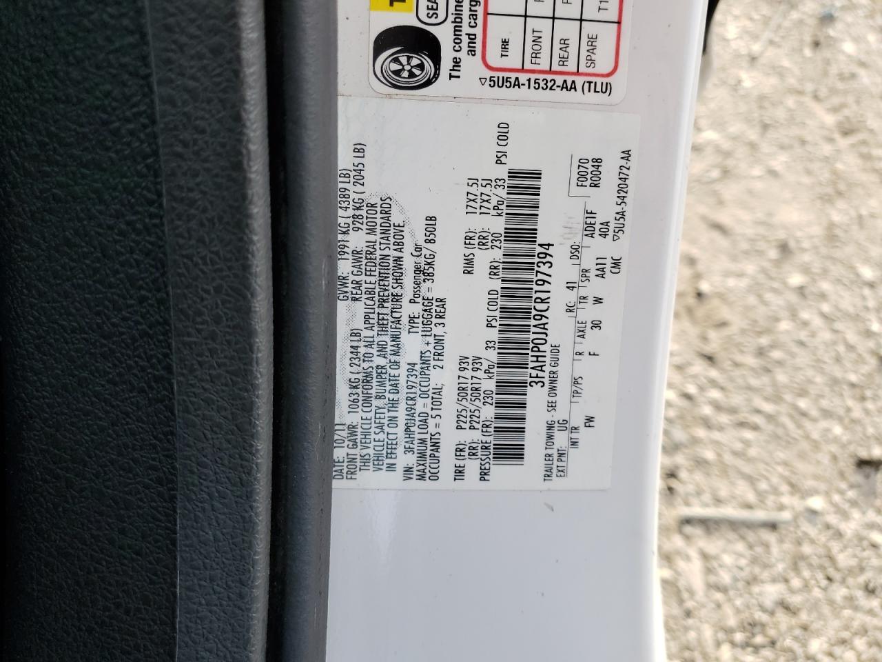 2012 Ford Fusion Sel VIN: 3FAHP0JA9CR197394 Lot: 81935135