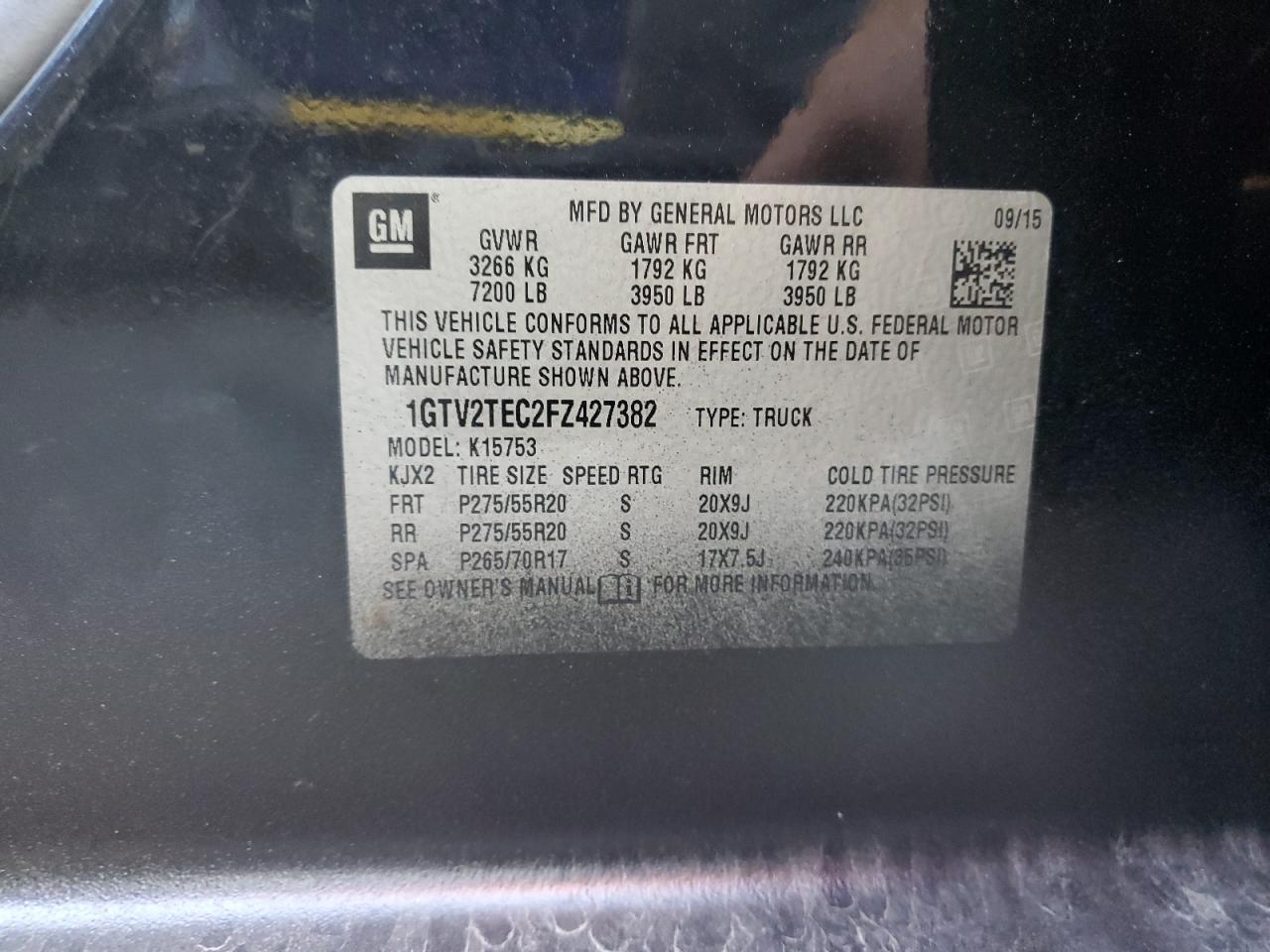 2015 GMC Sierra K1500 VIN: 1GTV2TEC2FZ427382 Lot: 85668785