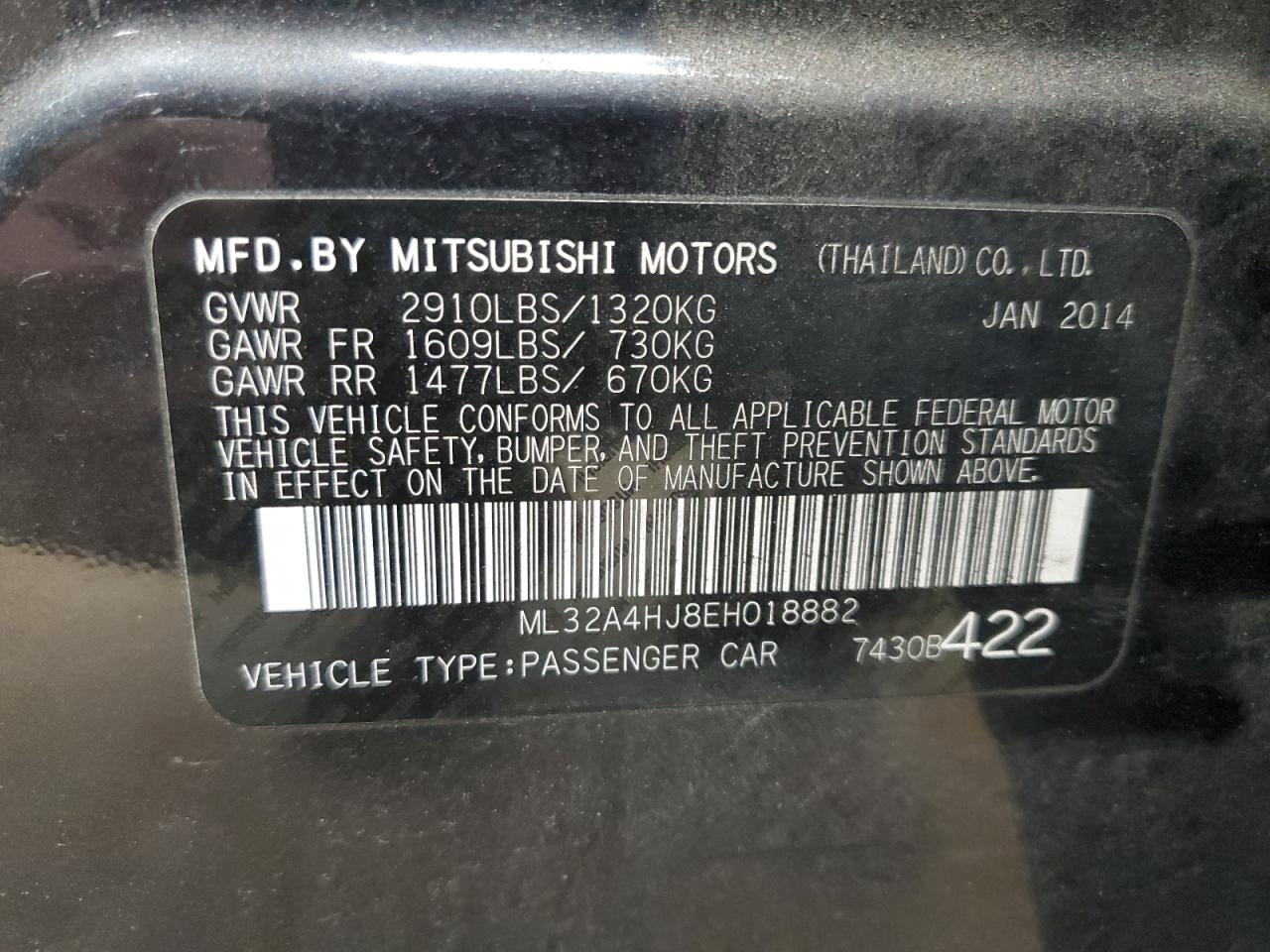 2014 Mitsubishi Mirage Es VIN: ML32A4HJ8EH018882 Lot: 87301365