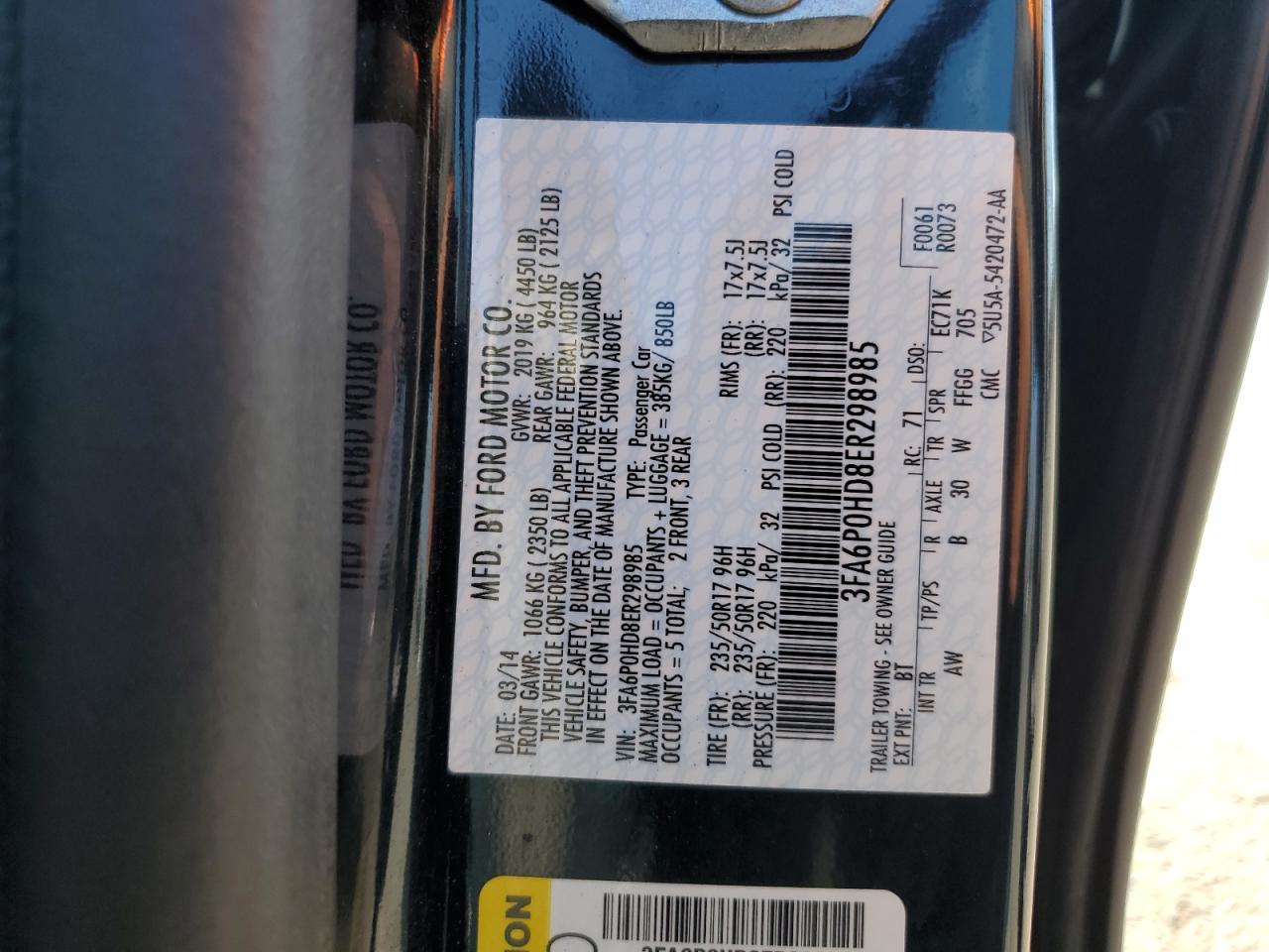 2014 Ford Fusion Se VIN: 3FA6P0HD8ER298985 Lot: 81974885