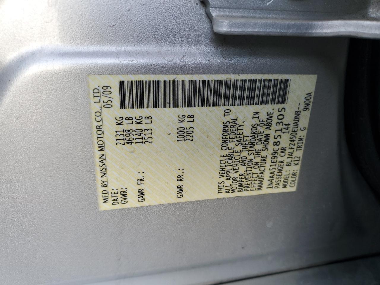 2009 Nissan Maxima S VIN: 1N4AA51E99C851305 Lot: 91038215