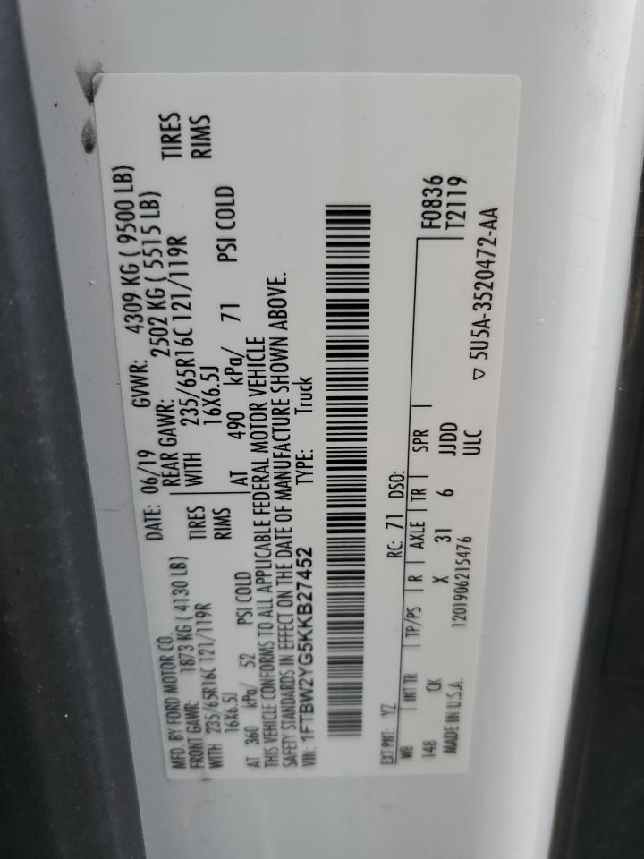 2019 Ford Transit T-350 VIN: 1FTBW2YG5KKB27452 Lot: 71496605