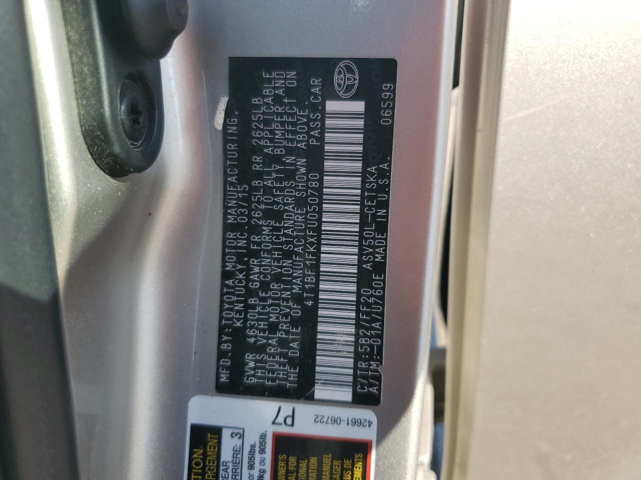 2015 Toyota Camry Le VIN: 4T1BF1FKXFU050780 Lot: 84985005