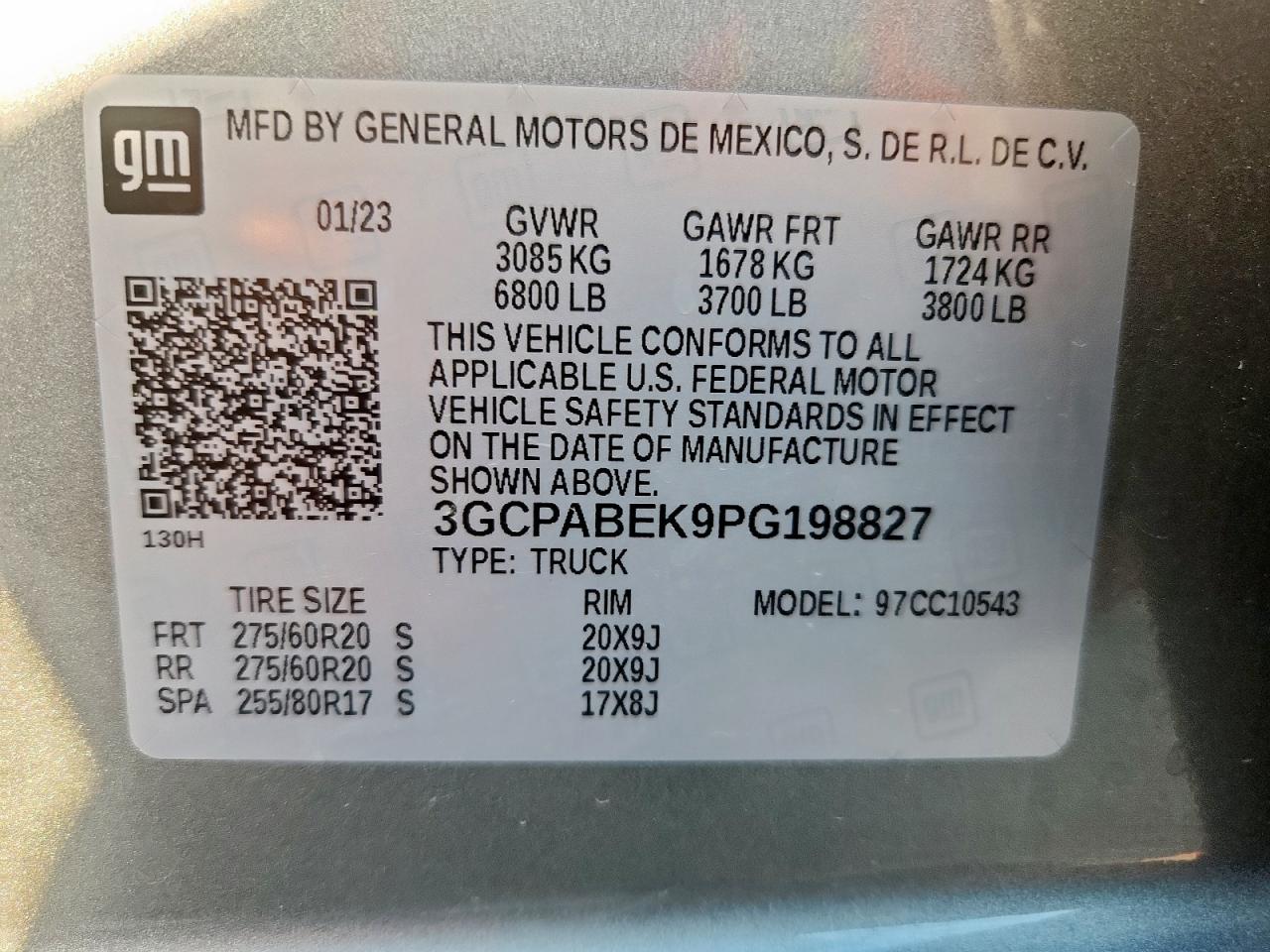 2023 Chevrolet Silverado C1500 Custom VIN: 3GCPABEK9PG198827 Lot: 83850445