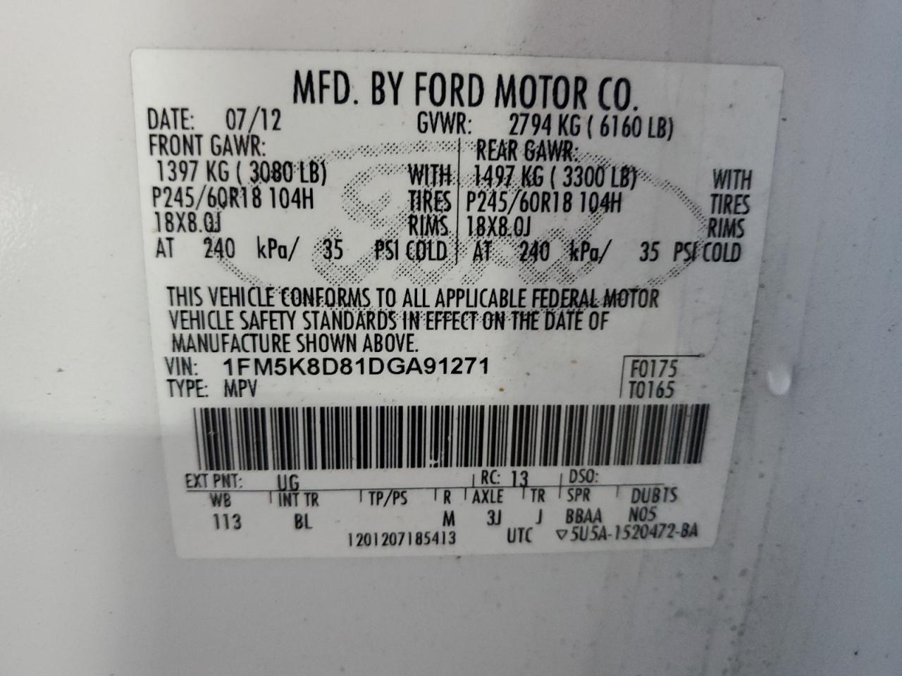 2013 Ford Explorer Xlt VIN: 1FM5K8D81DGA91271 Lot: 86117675