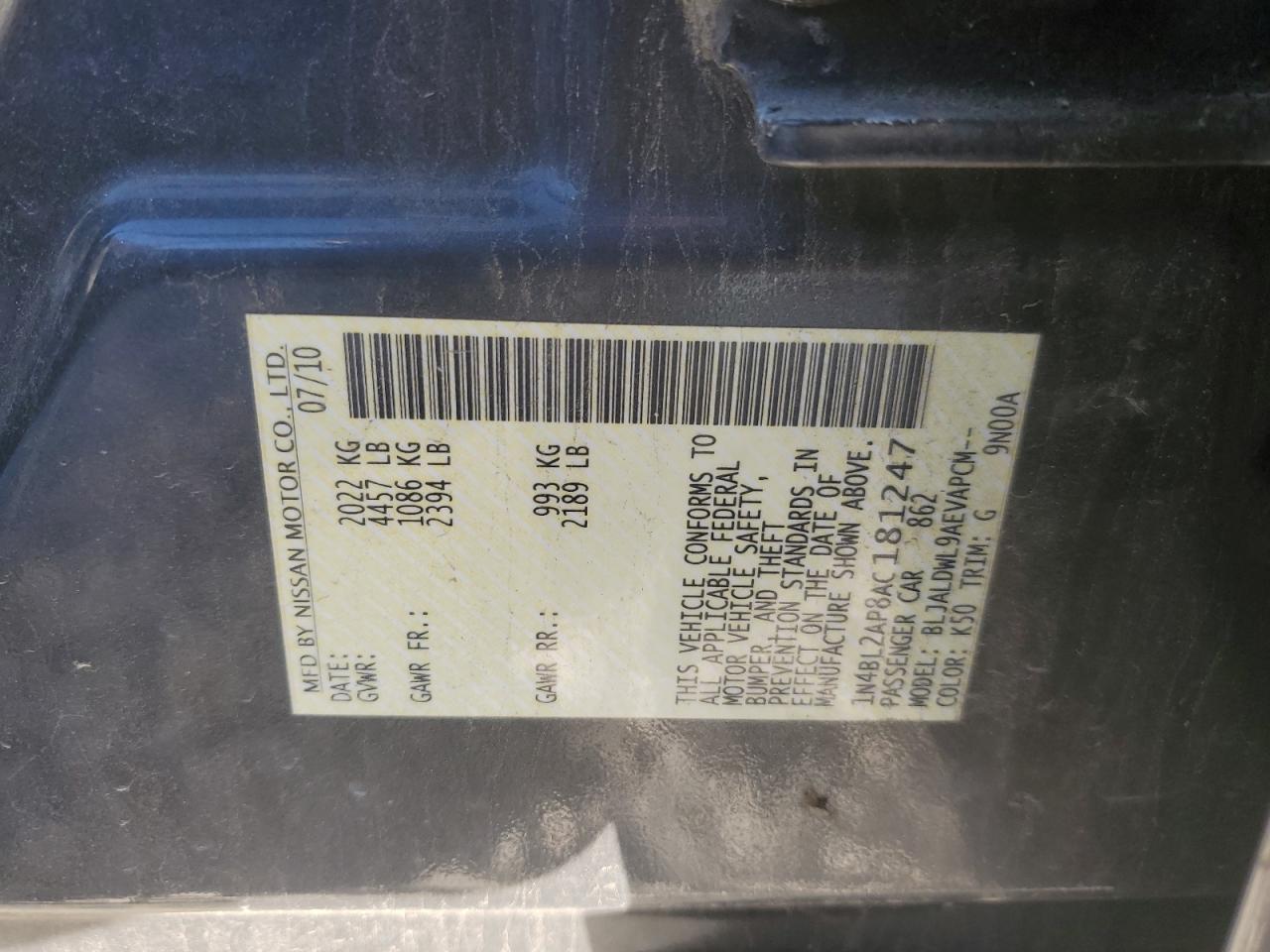 2010 Nissan Altima Sr VIN: 1N4BL2AP8AC181247 Lot: 86645245