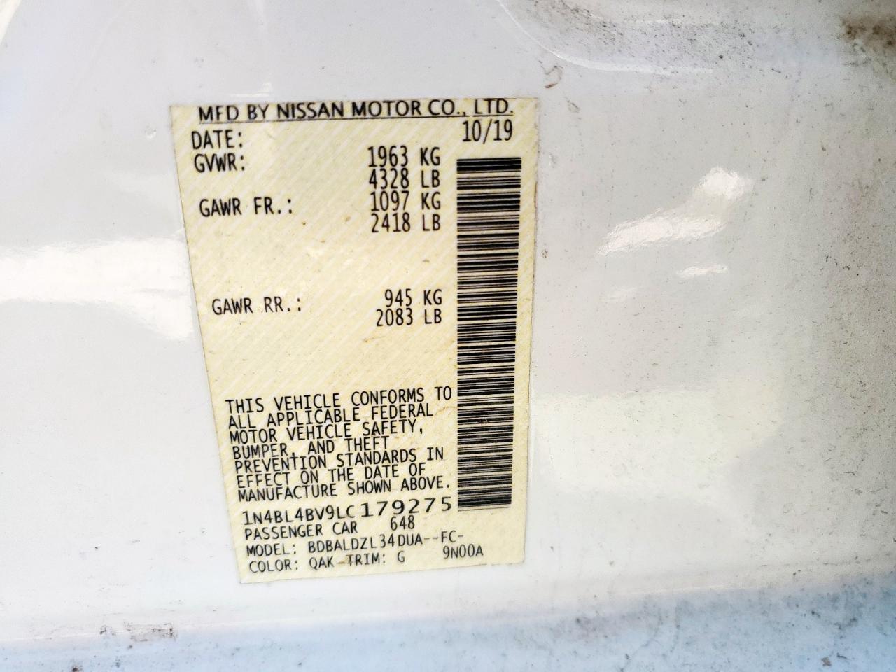 2020 Nissan Altima S VIN: 1N4BL4BV9LC179275 Lot: 85161015