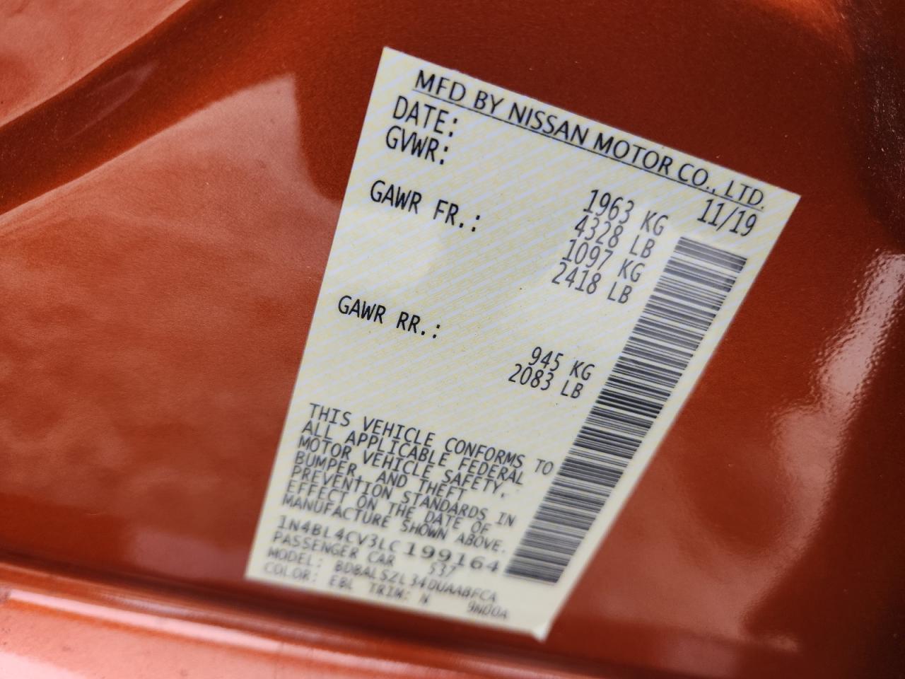 2020 Nissan Altima Sr VIN: 1N4BL4CV3LC199164 Lot: 85009005