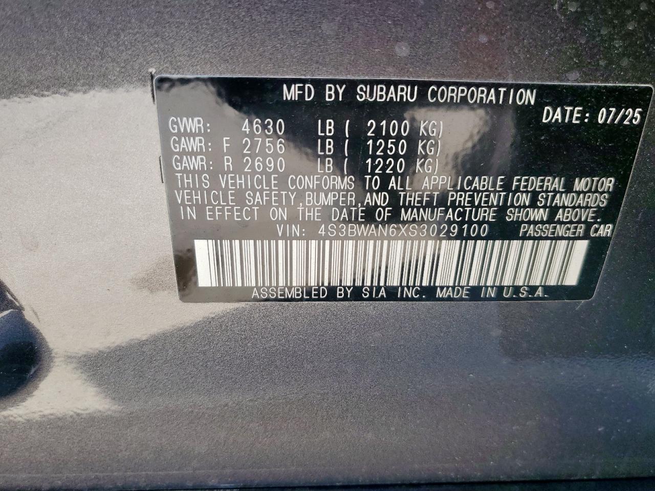 2025 Subaru Legacy Limited VIN: 4S3BWAN6XS3029100 Lot: 85184745