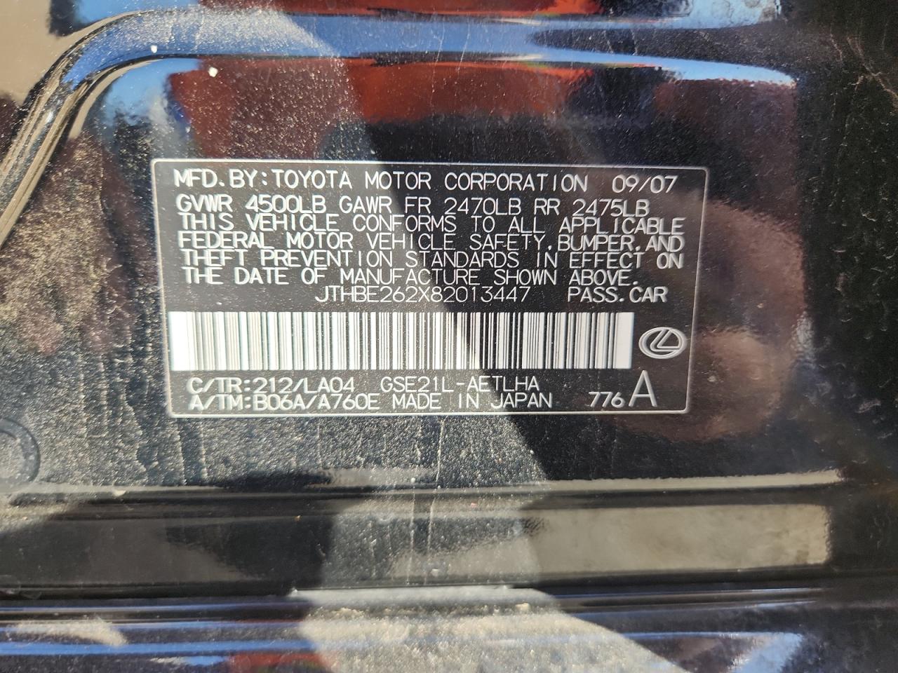 2008 Lexus Is 350 VIN: JTHBE262X82013447 Lot: 85937335