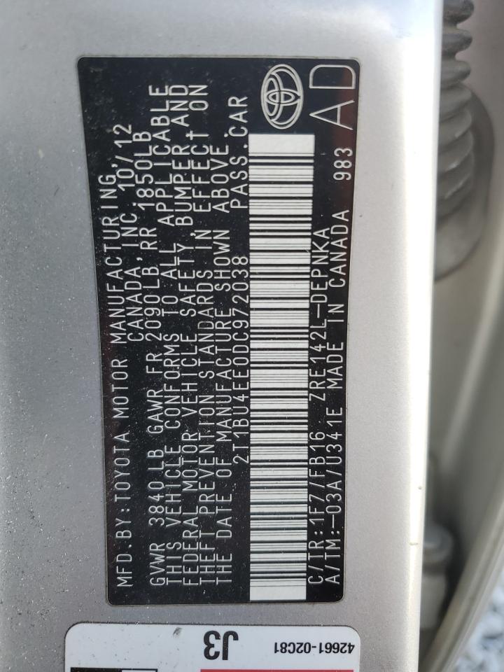 2013 Toyota Corolla Base VIN: 2T1BU4EE0DC972038 Lot: 86441445