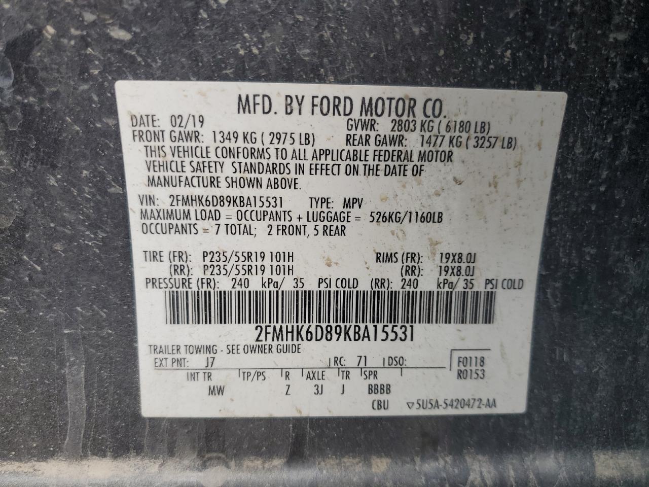 2019 Ford Flex Limited VIN: 2FMHK6D89KBA15531 Lot: 85155025