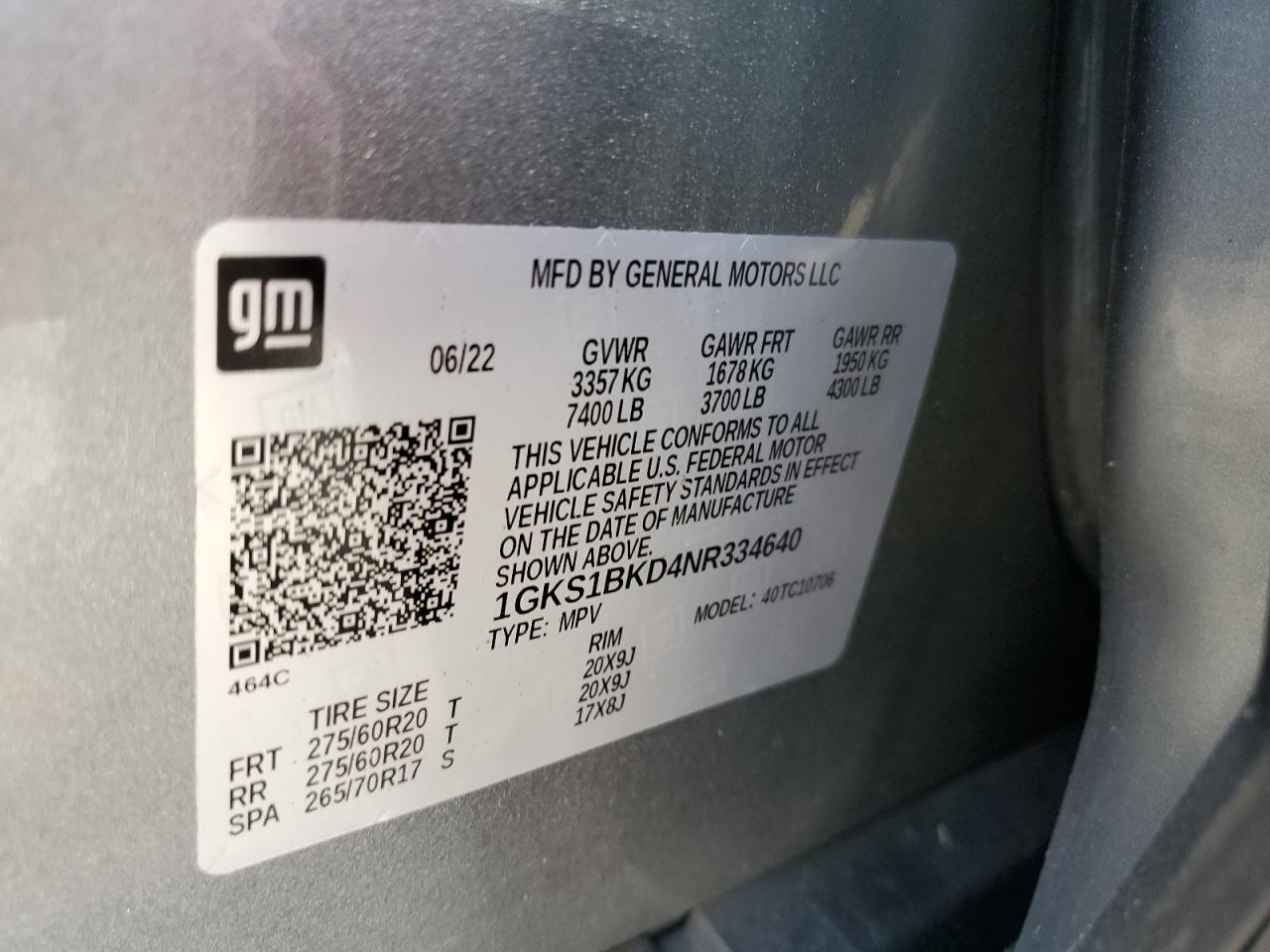2022 GMC Yukon Slt VIN: 1GKS1BKD4NR334640 Lot: 85670765
