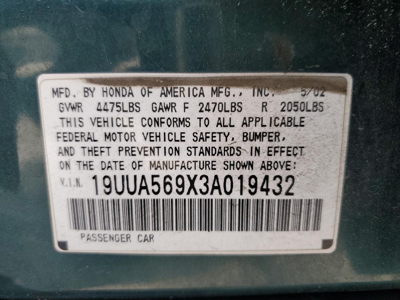 2003 Acura 3.2Tl Type-S VIN: 19UUA569X3A019432 Lot: 84788085