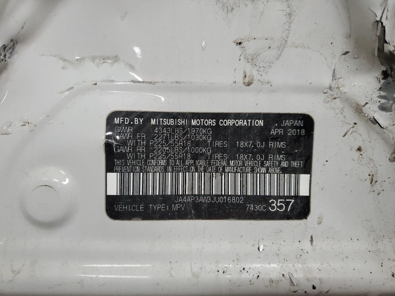 2018 Mitsubishi Outlander Sport Es VIN: JA4AP3AW3JU016802 Lot: 82635085