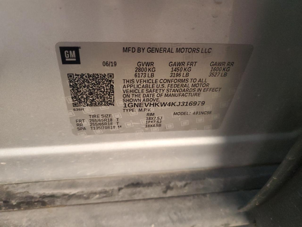 2019 Chevrolet Traverse Lt VIN: 1GNEVHKW4KJ316979 Lot: 85747305