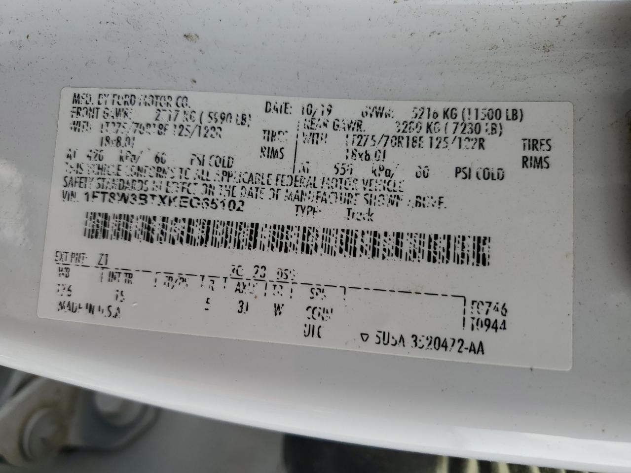 2019 Ford F350 Super VIN: 1FT8W3BTXKEG65102 Lot: 89503935