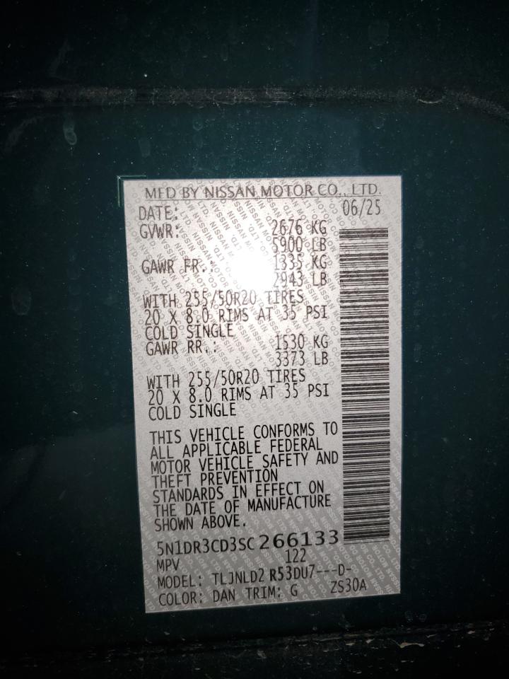 2025 Nissan Pathfinder Sl VIN: 5N1DR3CD3SC266133 Lot: 86126925