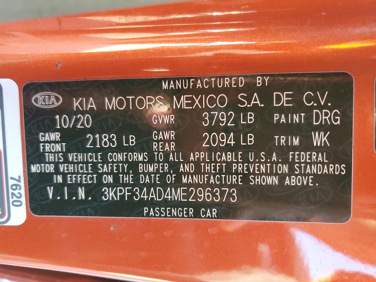 2021 Kia Forte Gt Line VIN: 3KPF34AD4ME296373 Lot: 86122425