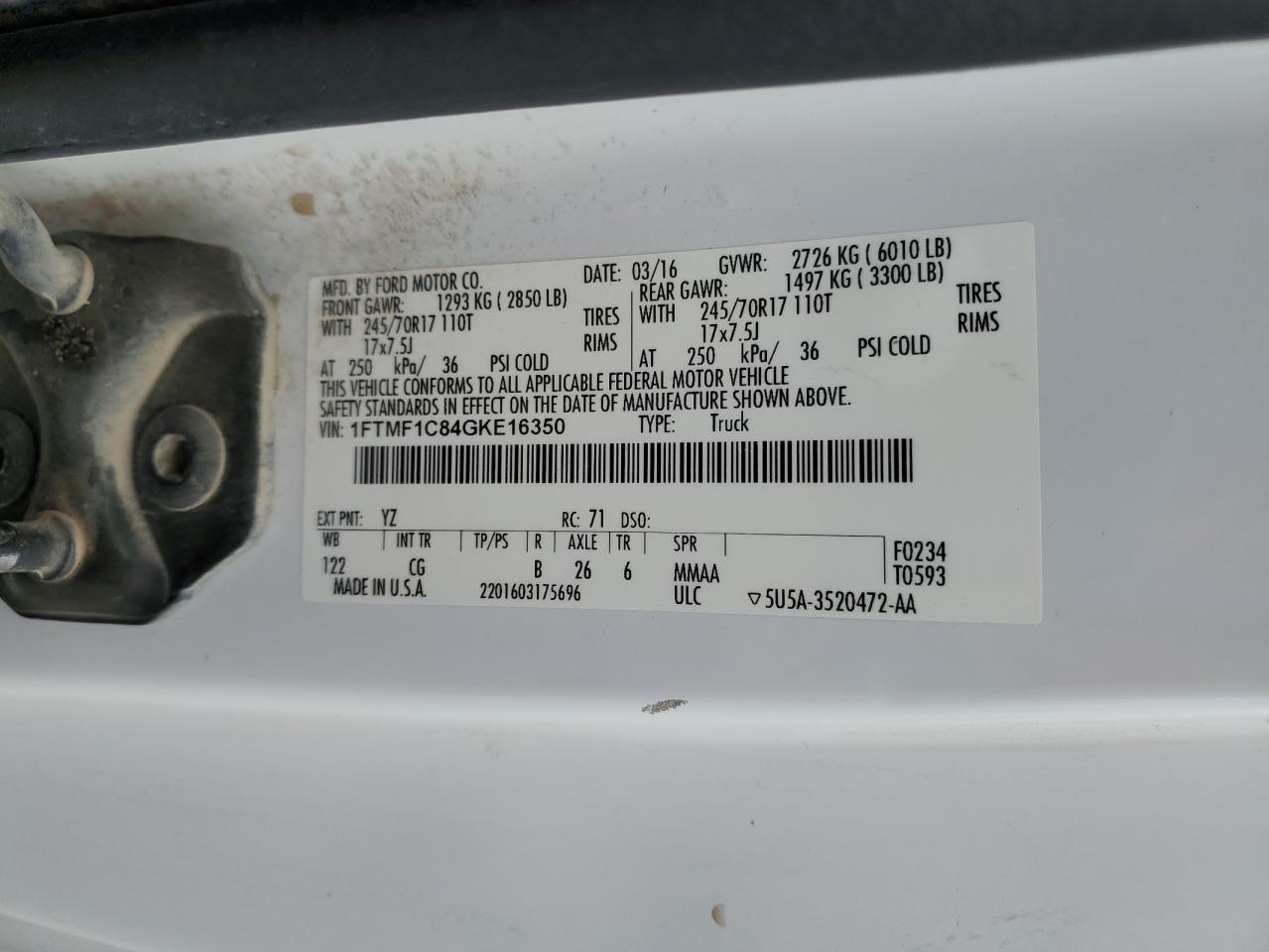 2016 Ford F150 VIN: 1FTMF1C84GKE16350 Lot: 85561265