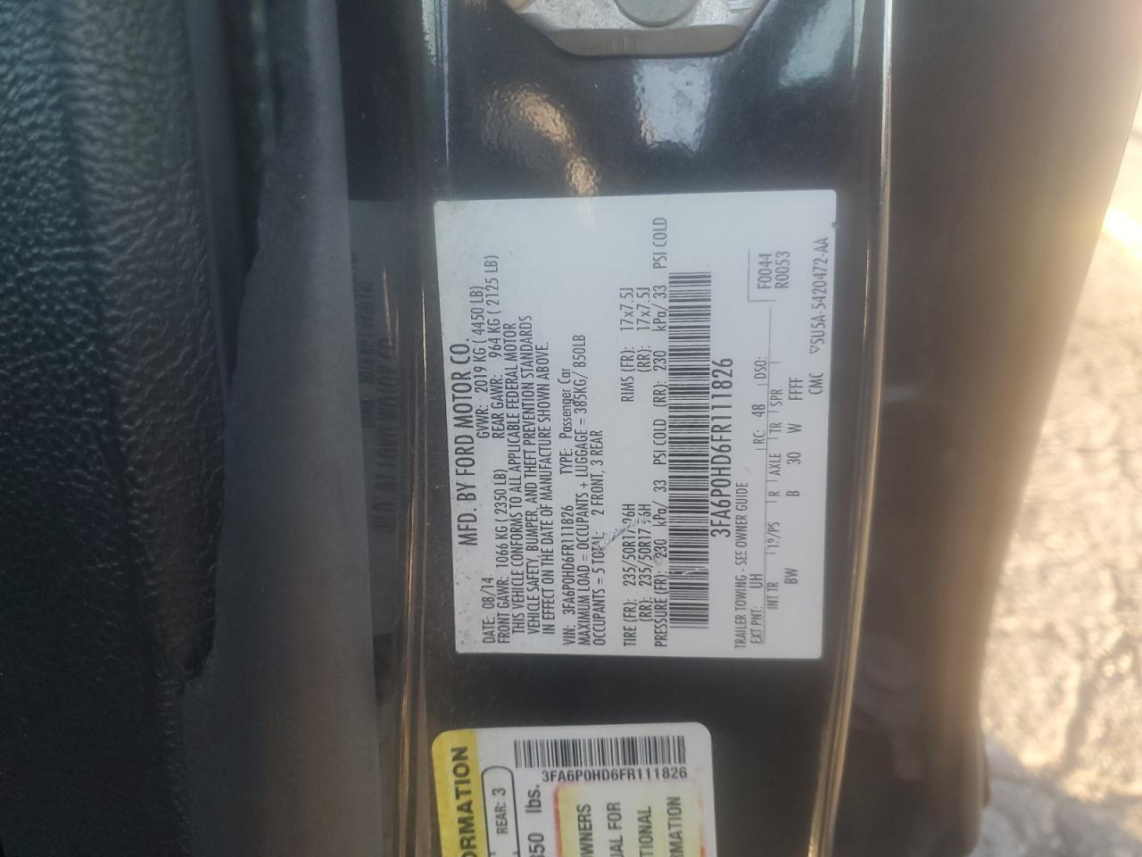 2015 Ford Fusion Se VIN: 3FA6P0HD6FR111826 Lot: 86107055