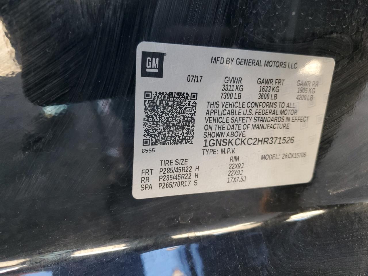 2017 Chevrolet Tahoe K1500 Premier VIN: 1GNSKCKC2HR371526 Lot: 87474145