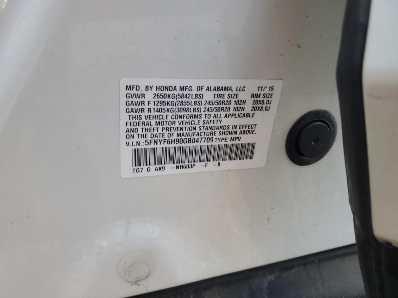 2016 Honda Pilot Touring VIN: 5FNYF6H90GB047709 Lot: 84041635