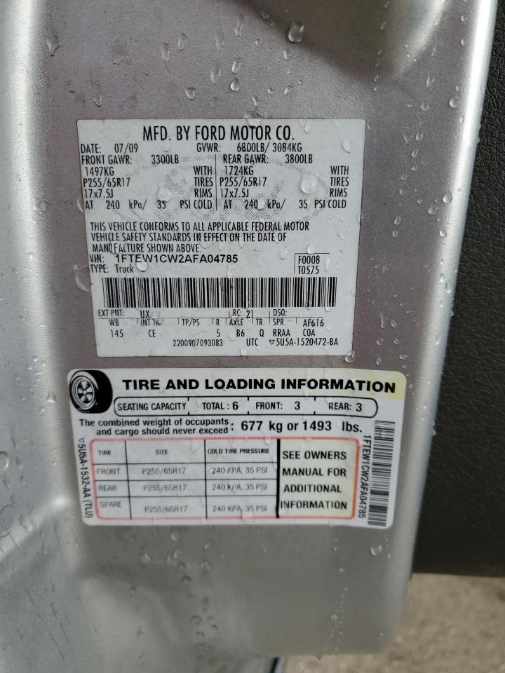 2010 Ford F150 Supercrew VIN: 1FTEW1CW2AFA04785 Lot: 86503205