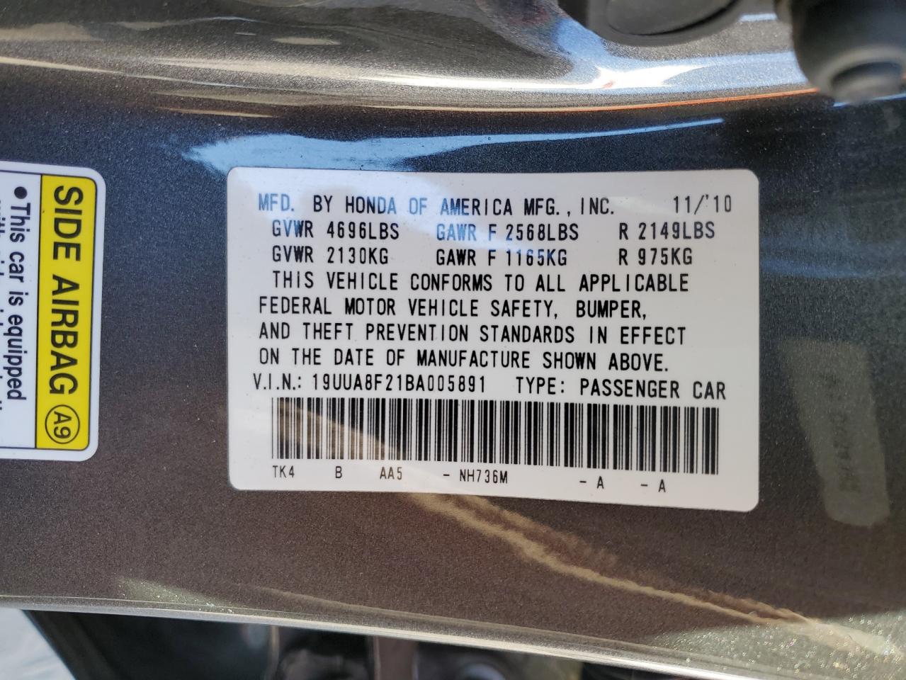 2011 Acura Tl VIN: 19UUA8F21BA005891 Lot: 86854655